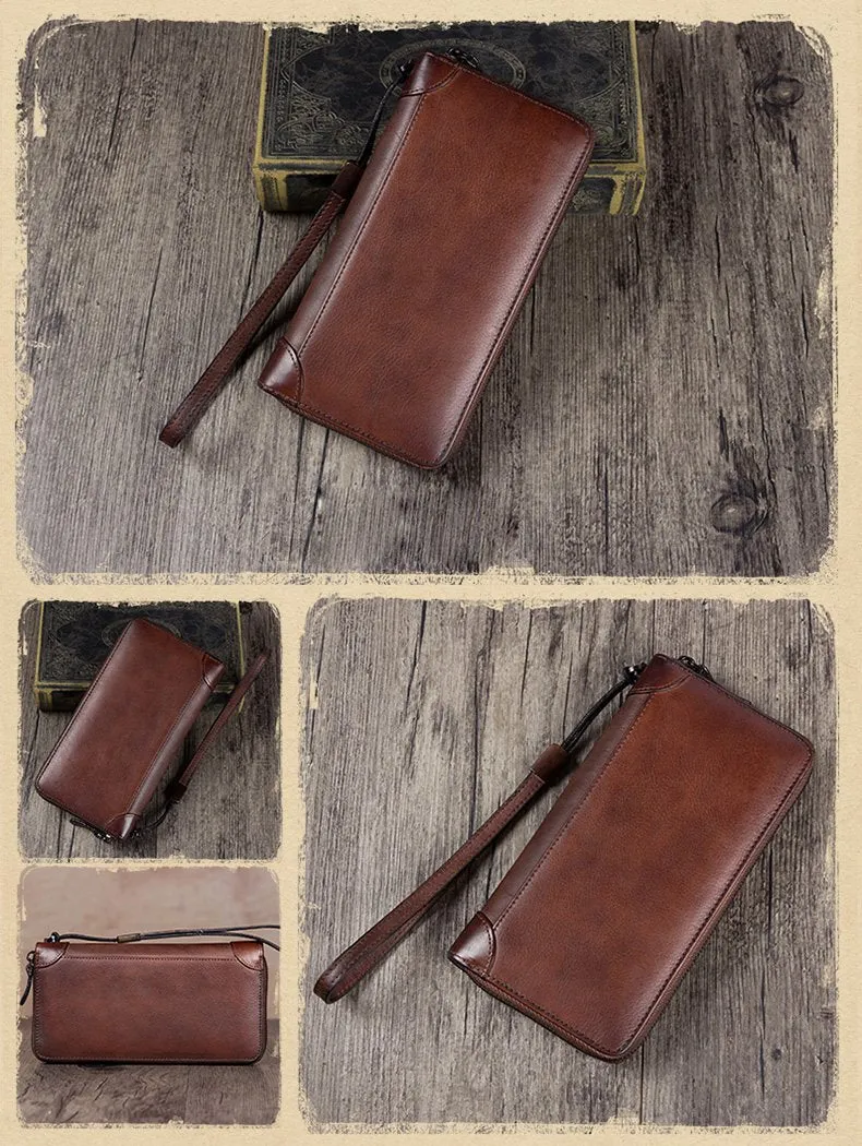 Brown Womens Vintage Leather Green Long Wallet Zipper Blue Clutch Long Wristlet Wallet for Ladies