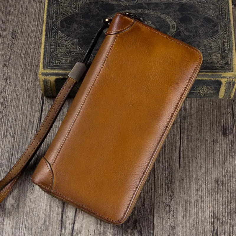 Brown Womens Vintage Leather Green Long Wallet Zipper Blue Clutch Long Wristlet Wallet for Ladies