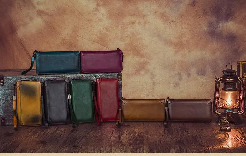 Brown Womens Vintage Leather Green Long Wallet Zipper Blue Clutch Long Wristlet Wallet for Ladies