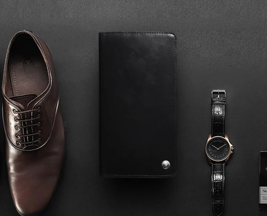 Casual Leather Men's Black Trifold Long Wallet Passport Wallet For Men