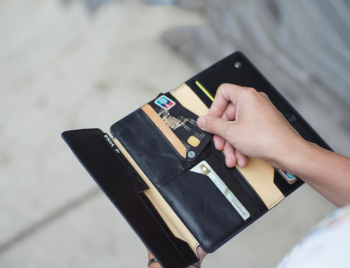 Casual Leather Men's Black Trifold Long Wallet Passport Wallet For Men