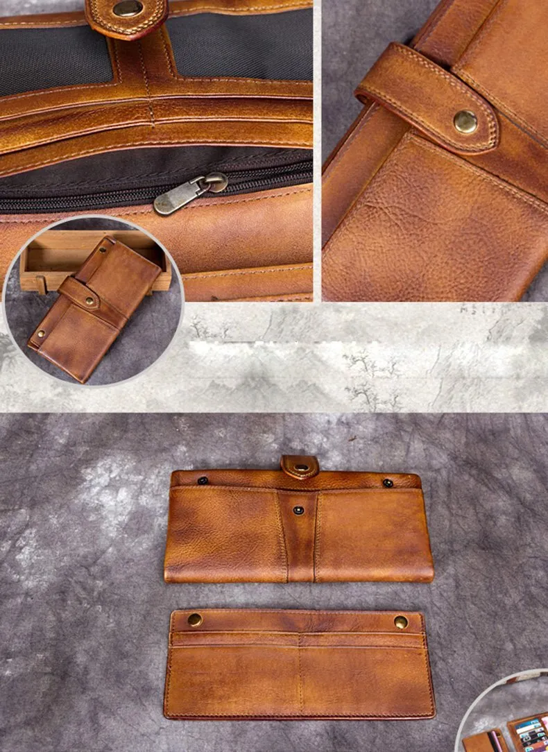 Coffee Vintage Mens Leather Bifold Long Wallet Brown Phone Clutch Purse for Men