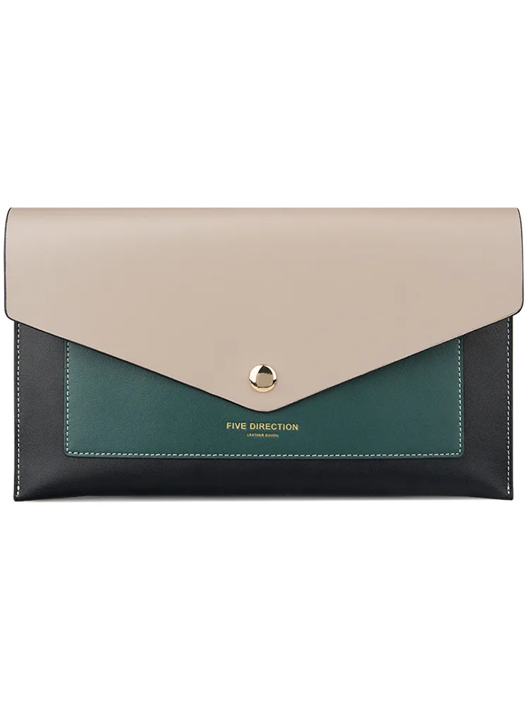 CONTRAST COLOR Gray Envelope Leather Womens Slim Clutch Purse Checkbook Long Wallet for Women