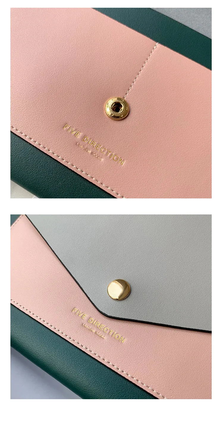 CONTRAST COLOR Gray Envelope Leather Womens Slim Clutch Purse Checkbook Long Wallet for Women