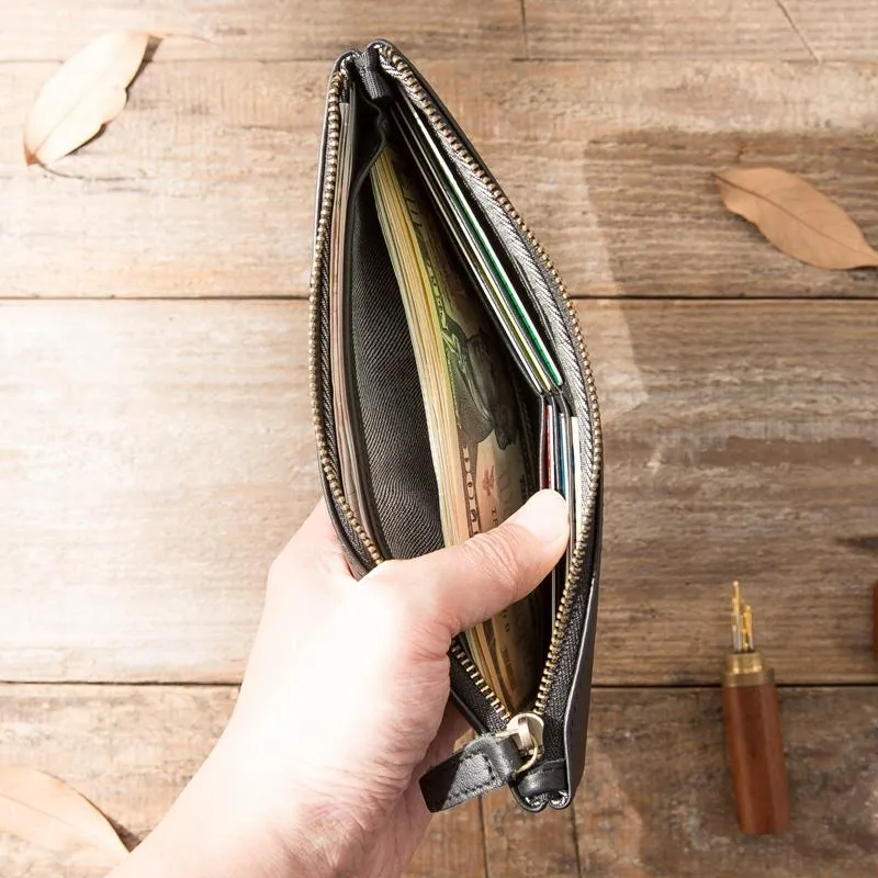 Cool Black Leather Mens Slim Long Zipper Clutch Wallet Long Wallet Phone Bag for Men