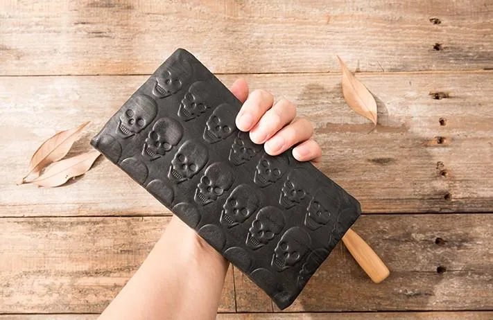 Cool Black Skull Leather Mens Long Wallet Long Wallet for Men
