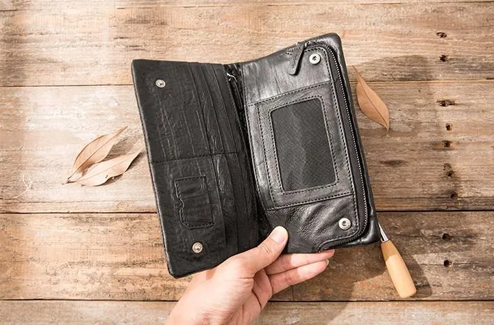 Cool Black Skull Leather Mens Long Wallet Long Wallet for Men
