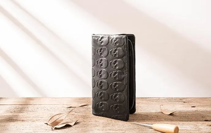 Cool Black Skull Leather Mens Long Wallet Long Wallet for Men