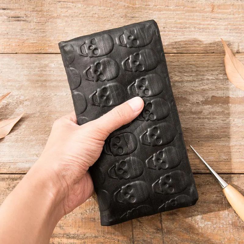 Cool Black Skull Leather Mens Long Wallet Long Wallet for Men