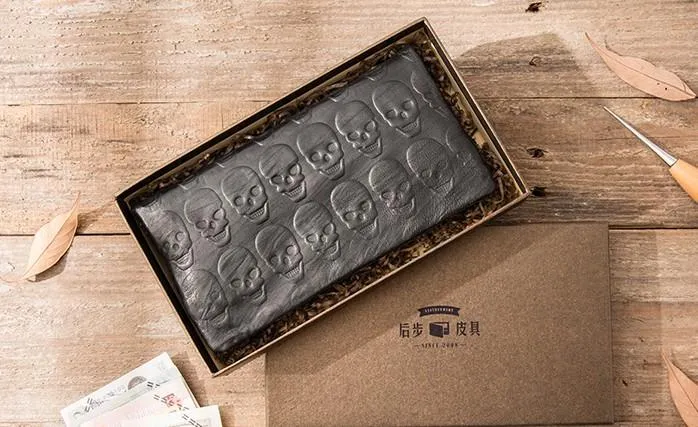 Cool Black Skull Leather Mens Long Wallet Long Wallet for Men
