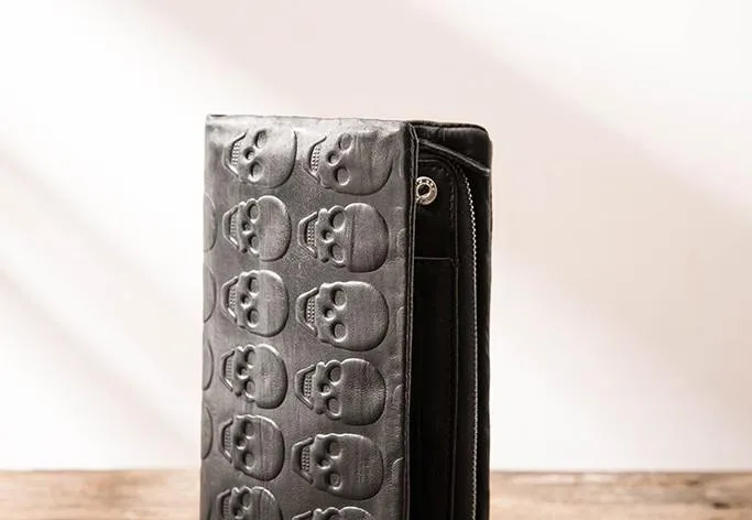 Cool Black Skull Leather Mens Long Wallet Long Wallet for Men