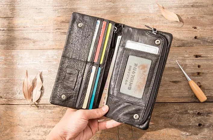 Cool Black Skull Leather Mens Long Wallet Long Wallet for Men