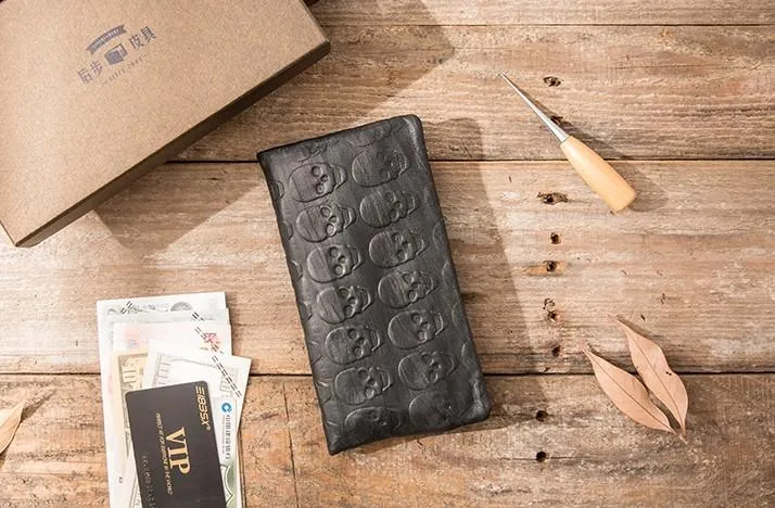 Cool Black Skull Leather Mens Long Wallet Long Wallet for Men