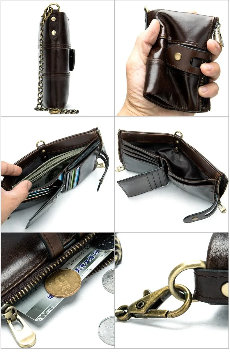 Cool Brown Leather Men's Biker Chain Wallet Black Small Wallet with Chain For Men