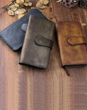 Cool Brown Leather Mens Long Wallet Buckled Long Wallet Trifold Gray Clutch Wallet for Men