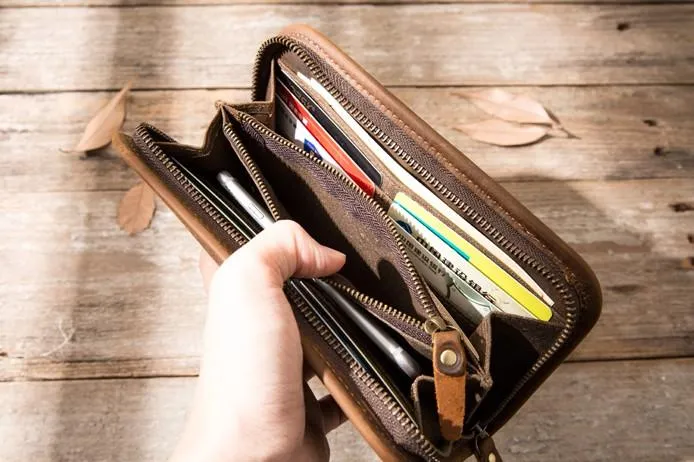 Cool Canvas Leather Mens Bifold Long Wallet Zipper Long Wallet for Men