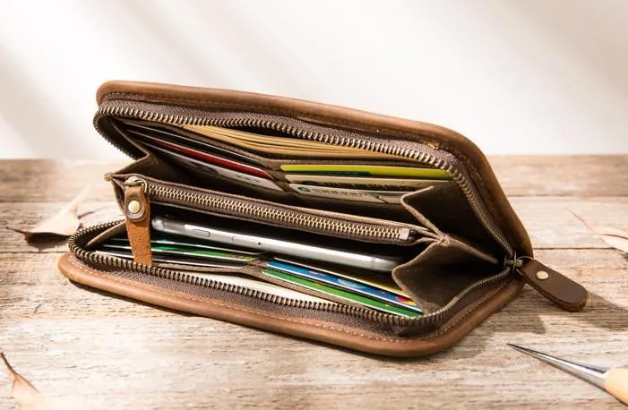 Cool Canvas Leather Mens Bifold Long Wallet Zipper Long Wallet for Men