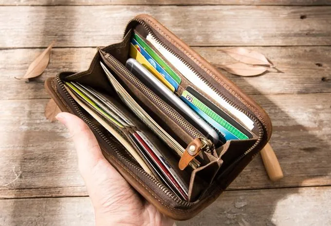 Cool Canvas Leather Mens Bifold Long Wallet Zipper Long Wallet for Men
