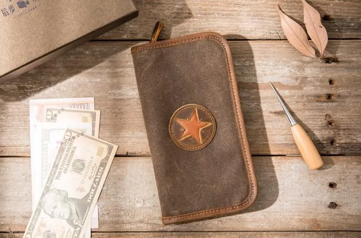 Cool Canvas Leather Mens Bifold Long Wallet Zipper Long Wallet for Men
