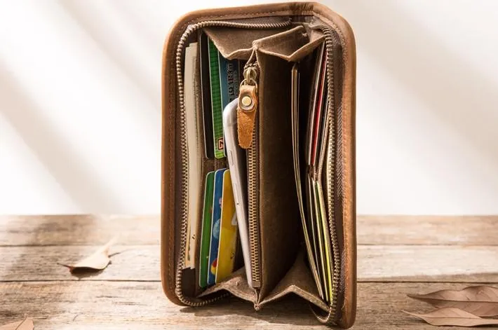 Cool Canvas Leather Mens Bifold Long Wallet Zipper Long Wallet for Men