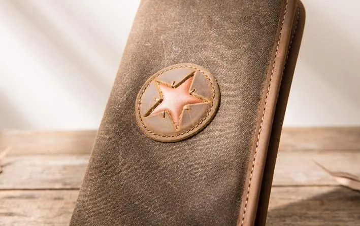 Cool Canvas Leather Mens Bifold Long Wallet Zipper Long Wallet for Men