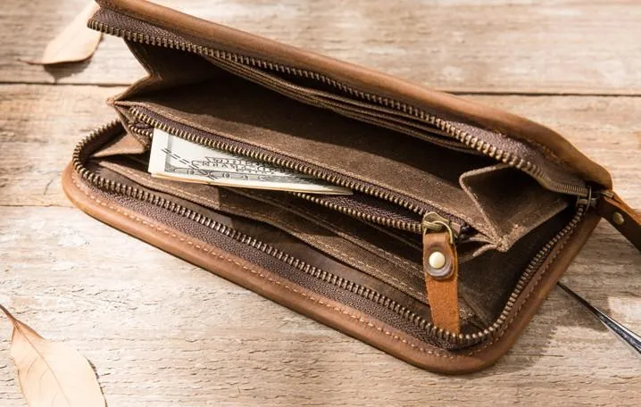 Cool Canvas Leather Mens Bifold Long Wallet Zipper Long Wallet for Men