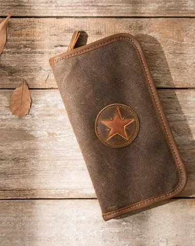 Cool Canvas Leather Mens Bifold Long Wallet Zipper Long Wallet for Men