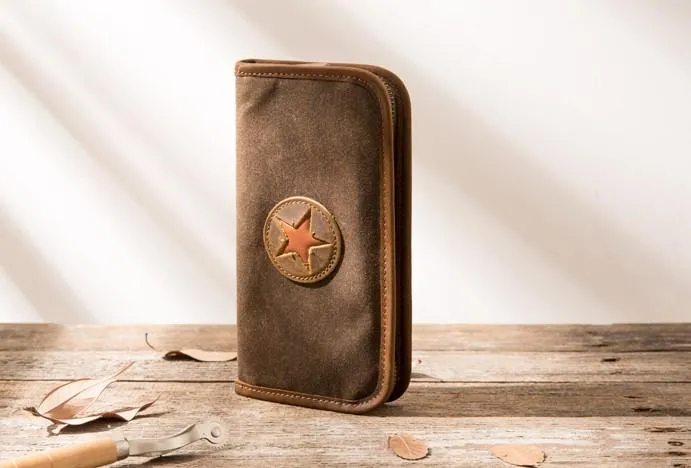 Cool Canvas Leather Mens Bifold Long Wallet Zipper Long Wallet for Men