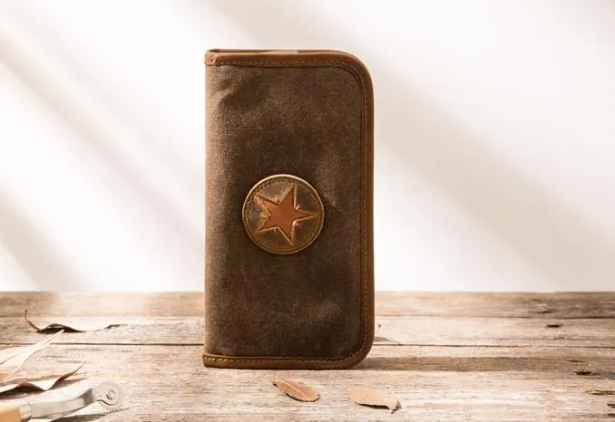 Cool Canvas Leather Mens Bifold Long Wallet Zipper Long Wallet for Men