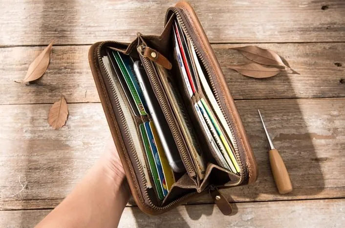 Cool Canvas Leather Mens Bifold Long Wallet Zipper Long Wallet for Men