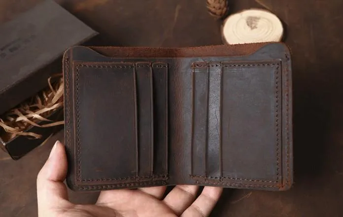 Cool Coffee Leather Mens Small Wallets Bifold Vintage Slim billfold Wallet for Men