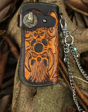 Cool Leather Japanese Samurai Tooled Biker Wallet Handmade Chain Wallet for Men
