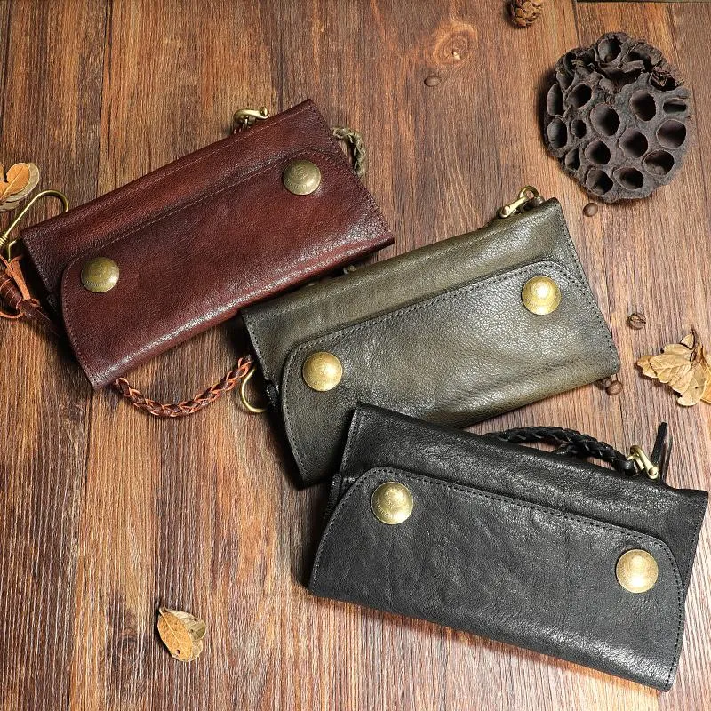 Cool Leather Mens Black Long Chain Wallet Brown Long Trifold Biker Wallet for Men