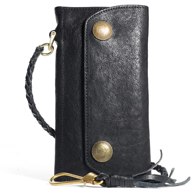 Cool Leather Mens Black Long Chain Wallet Brown Long Trifold Biker Wallet for Men