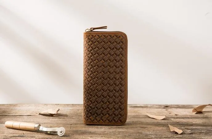 Cool Leather Mens Braided Long Zipper Clutch Wallet Long Wallet for Men