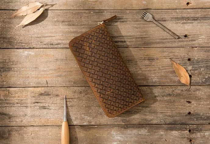 Cool Leather Mens Braided Long Zipper Clutch Wallet Long Wallet for Men