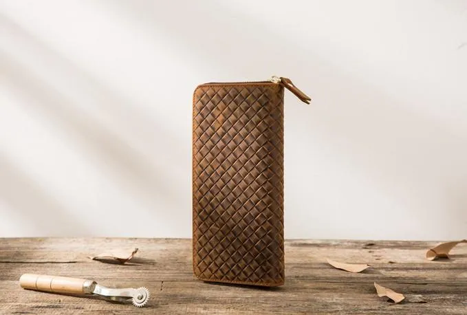 Cool Leather Mens Braided Long Zipper Clutch Wallet Long Wallet for Men