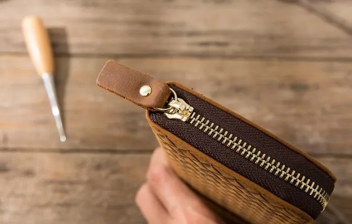 Cool Leather Mens Braided Long Zipper Clutch Wallet Long Wallet for Men