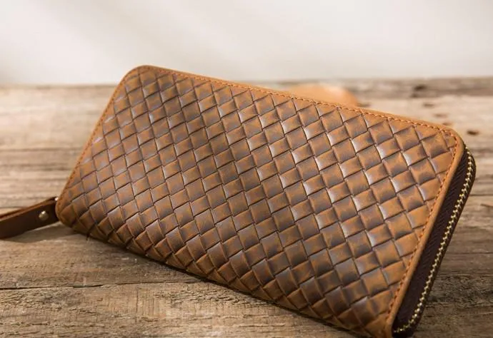 Cool Leather Mens Braided Long Zipper Clutch Wallet Long Wallet for Men