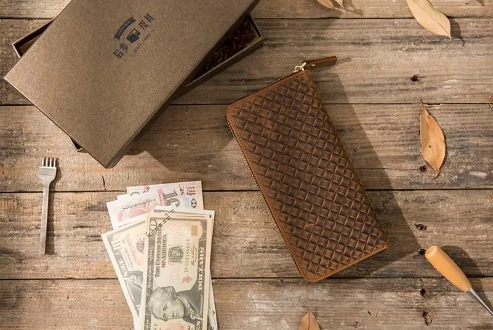 Cool Leather Mens Braided Long Zipper Clutch Wallet Long Wallet for Men