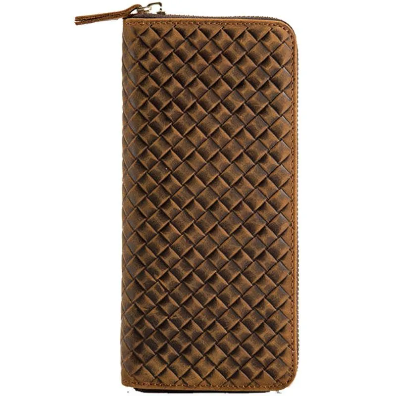 Cool Leather Mens Braided Long Zipper Clutch Wallet Long Wallet for Men
