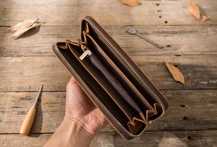 Cool Leather Mens Braided Long Zipper Clutch Wallet Long Wallet for Men