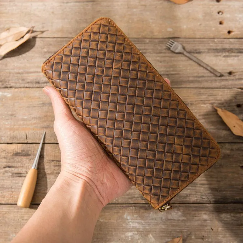Cool Leather Mens Braided Long Zipper Clutch Wallet Long Wallet for Men