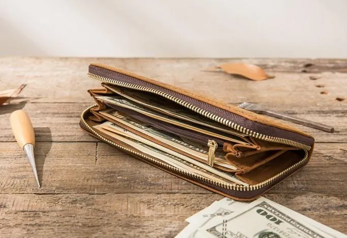 Cool Leather Mens Braided Long Zipper Clutch Wallet Long Wallet for Men