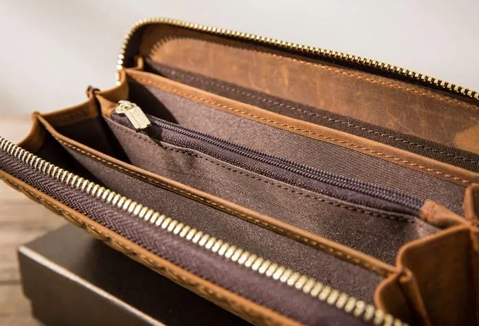Cool Leather Mens Braided Long Zipper Clutch Wallet Long Wallet for Men