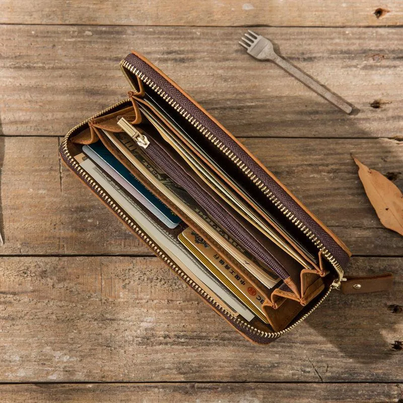 Cool Leather Mens Braided Long Zipper Clutch Wallet Long Wallet for Men