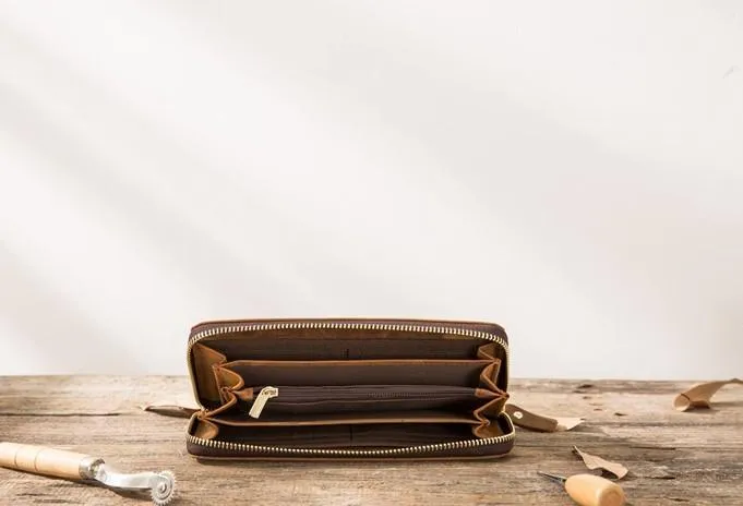 Cool Leather Mens Braided Long Zipper Clutch Wallet Long Wallet for Men
