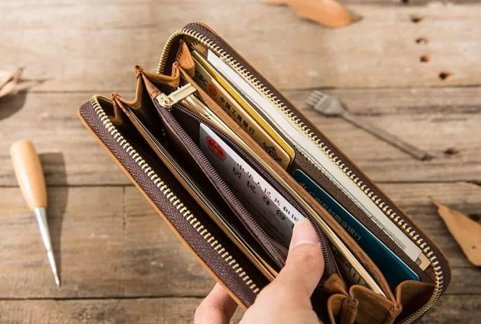 Cool Leather Mens Braided Long Zipper Clutch Wallet Long Wallet for Men