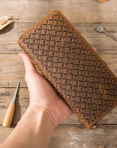 Cool Leather Mens Braided Long Zipper Clutch Wallet Long Wallet for Men