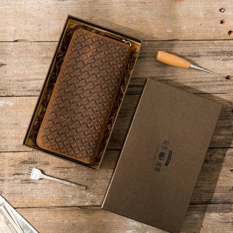 Cool Leather Mens Braided Long Zipper Clutch Wallet Long Wallet for Men